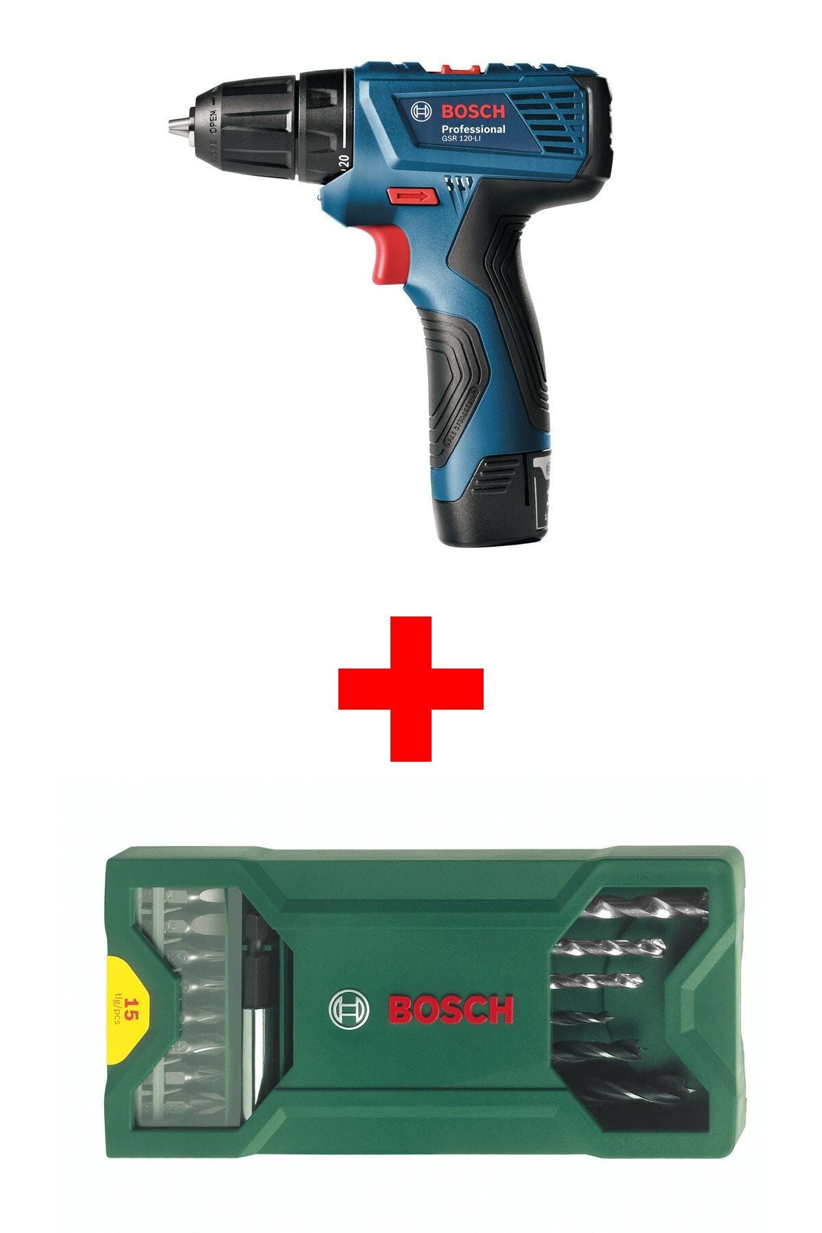 Bosch GSR 120-LI Akülü Delme Vidalama Seti (2x2.0 Ah Akü + 15 Parça X-Line) - 06019G8000-SET