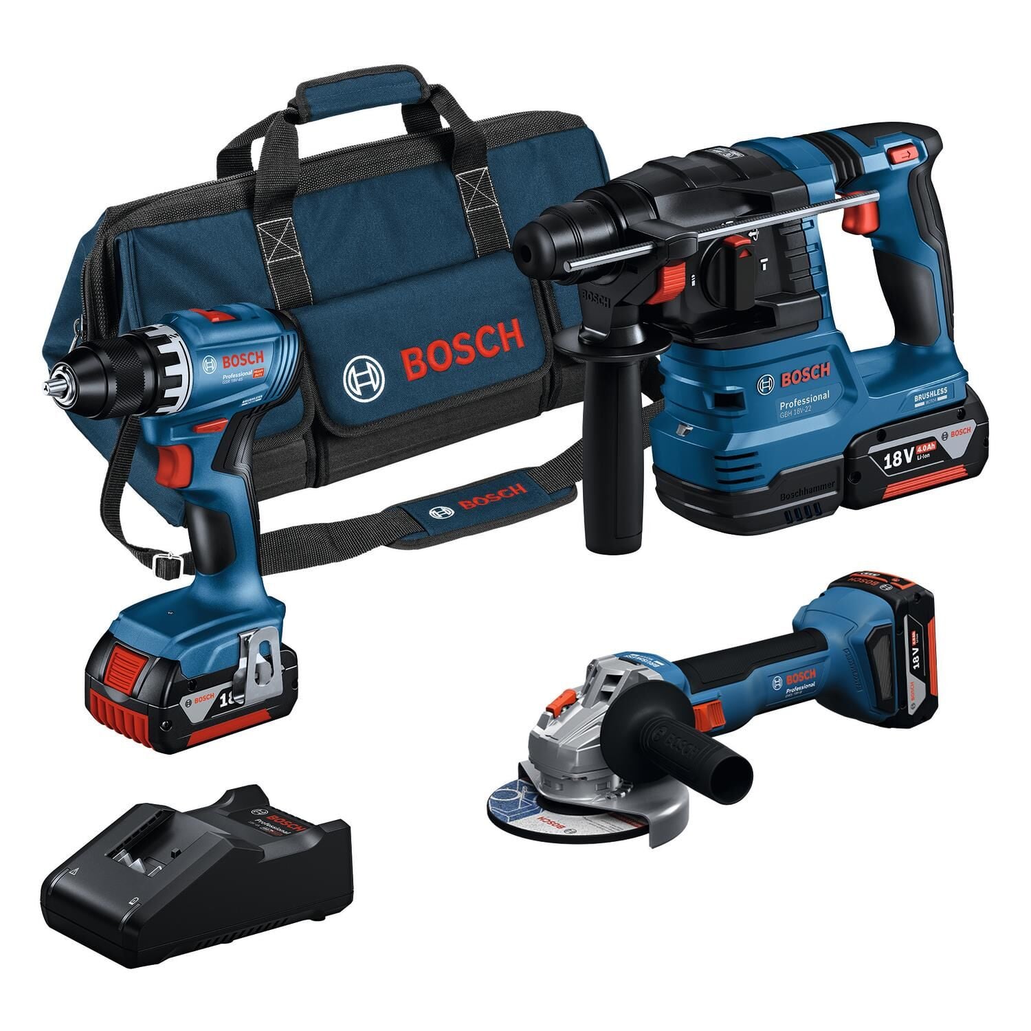 Bosch GSR 18V-45 + GWS 18V-8 + GBH 18V-22 Akülü Kombo Set (3 x 4.0 Ah Akü - GAL 18V-40) - 0615A5007L