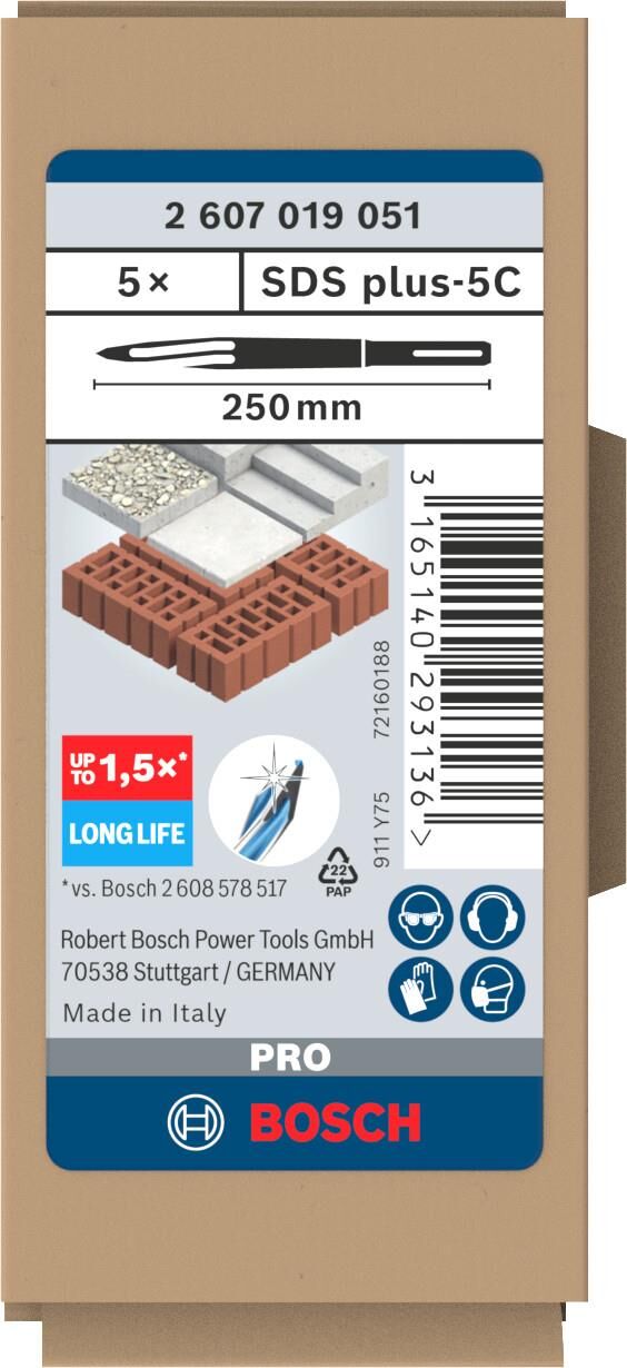 Bosch SDS-Plus Long Life Sivri Keski (250 mm - 5'li Paket) - 2607019051