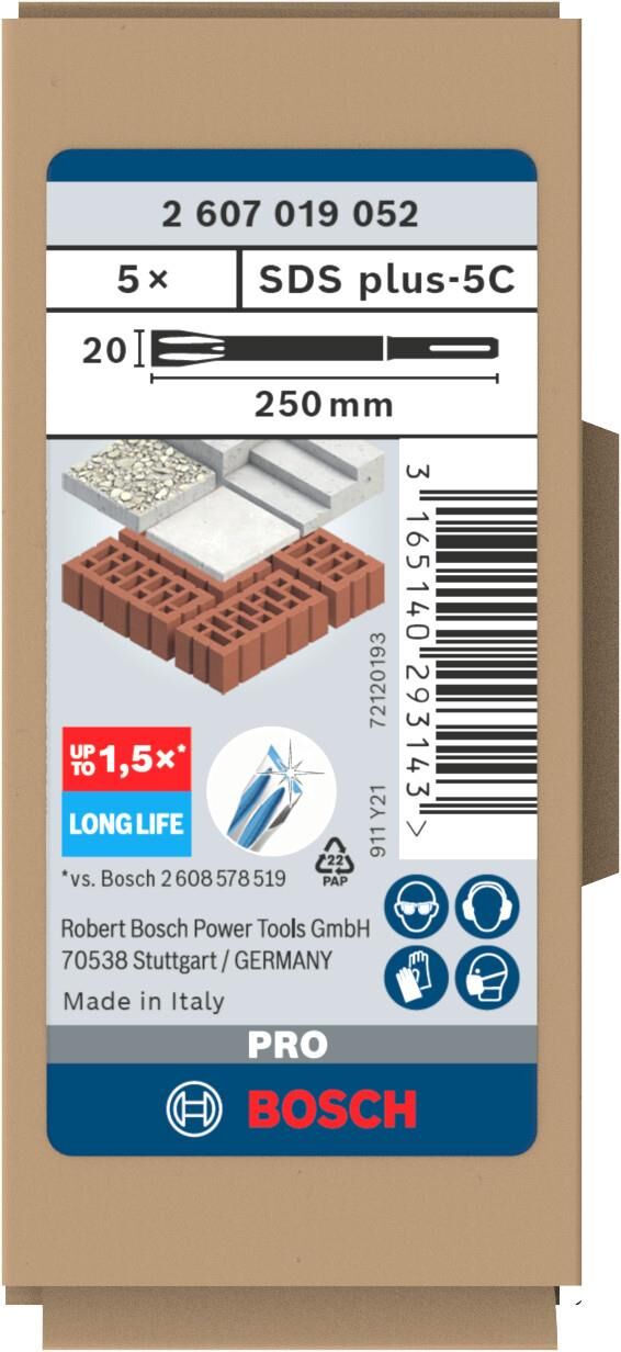 Bosch SDS-Plus Longlife Yassı Keski (250 x 20 mm - 5'li Paket) - 2607019052