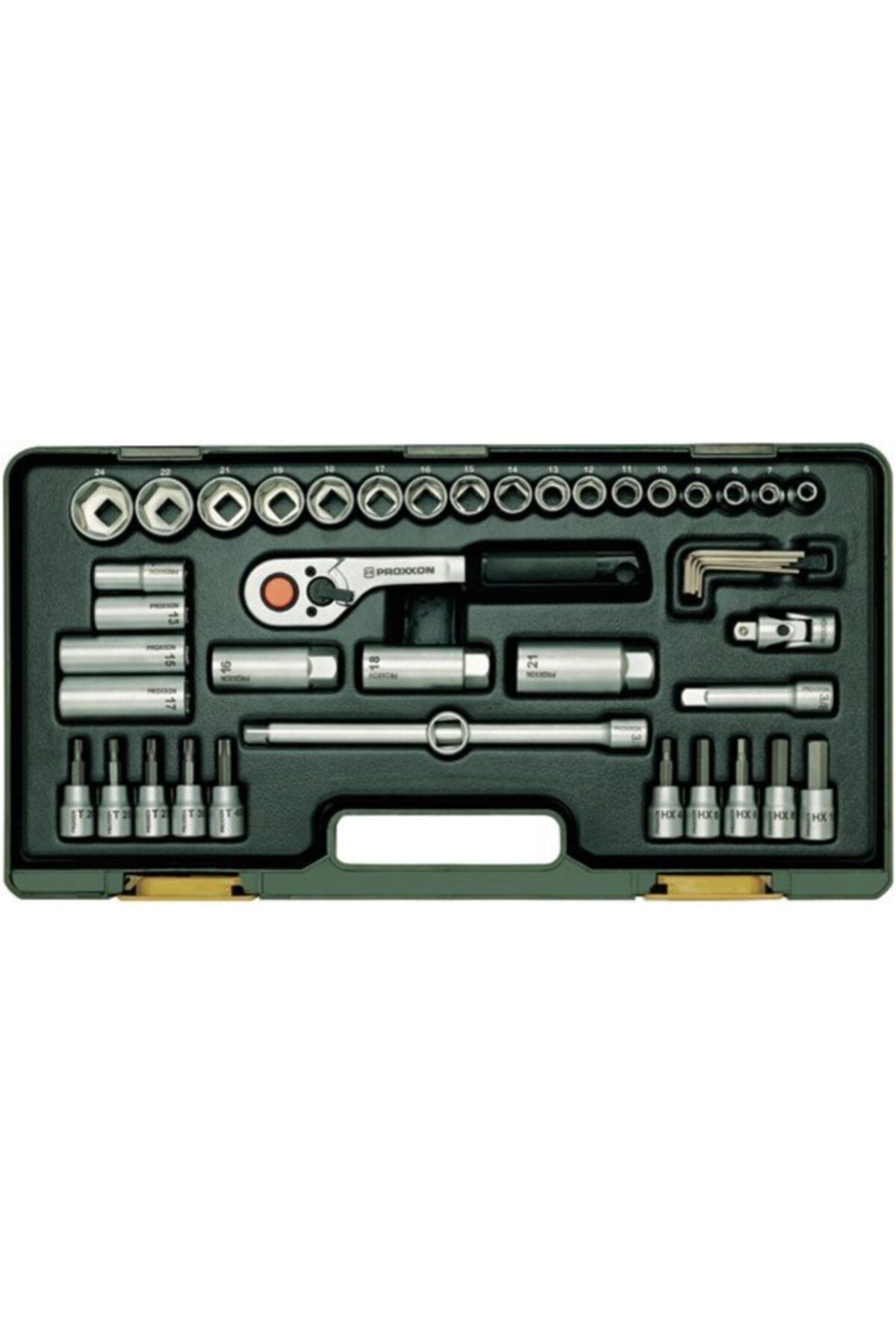 Proxxon 3/8'' Lokma ve Bits Uç Takımı (47 Parça - 6-24 mm Lokma Aralığı - Cırcır Kolu ve Uzatma Çubuklu - Özel Saklama Kutulu - Sanayi Tipi Çelik) - PROX23282