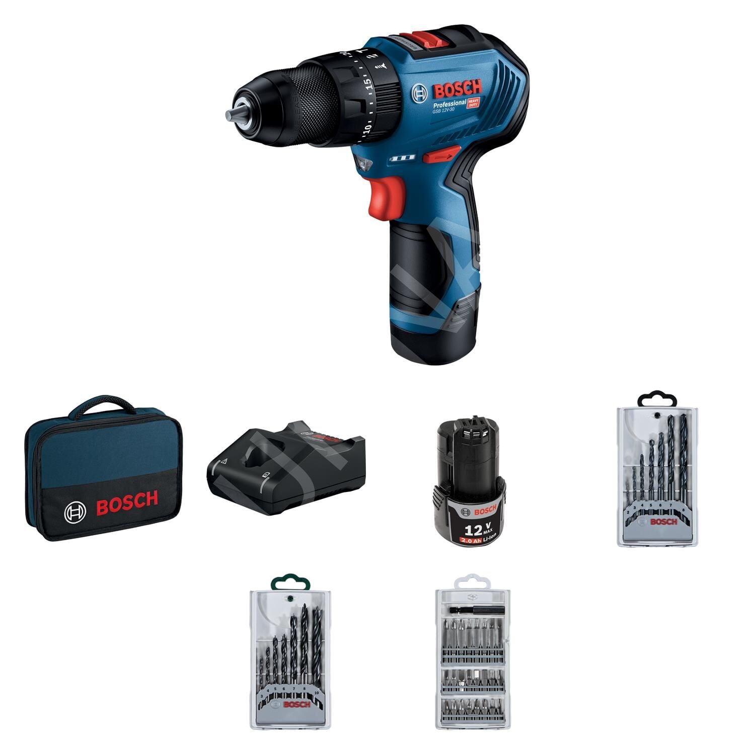 Bosch GSB 12V-30 Akülü Darbeli Delme/Vidalama Seti (2 x 2.0 Ah Akü - 39 Parça) - 06019G9101