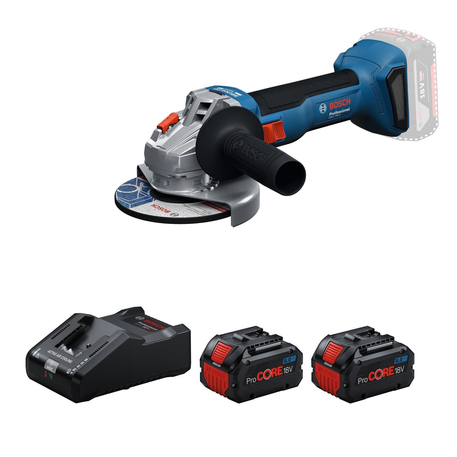 Bosch GWS 180-LI Akülü Avuç Taşlama Seti (2x8.0 Ah ProCORE + GAL 18V-160 - 125 mm) - 06019H9020-SET