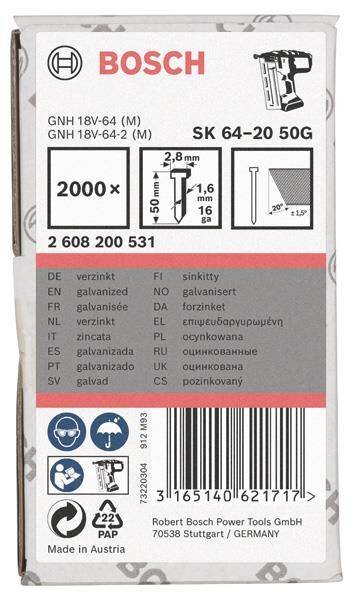 Bosch SK64-20 G Başsız Çivi (1.6 mm - 50 mm - 2000 Adet) - 2608200531