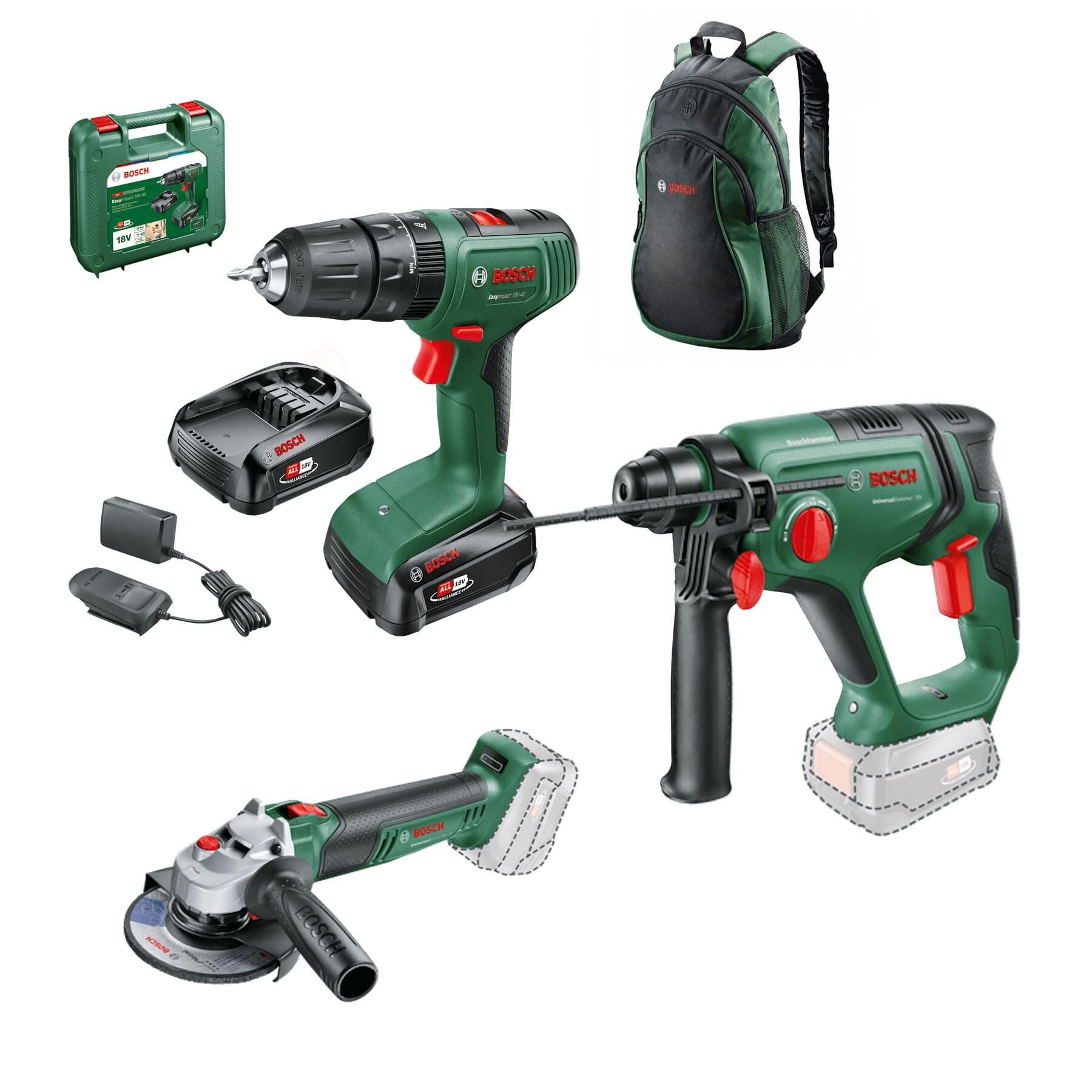 Bosch EasyImpact 18V-40 + UniversalGrind 18V-75 + UniversalHammer 18V Akülü Üçlü Set (18V - 2 x 2.0 Ah / Sırt Çantalı) - 06039D8108-SET