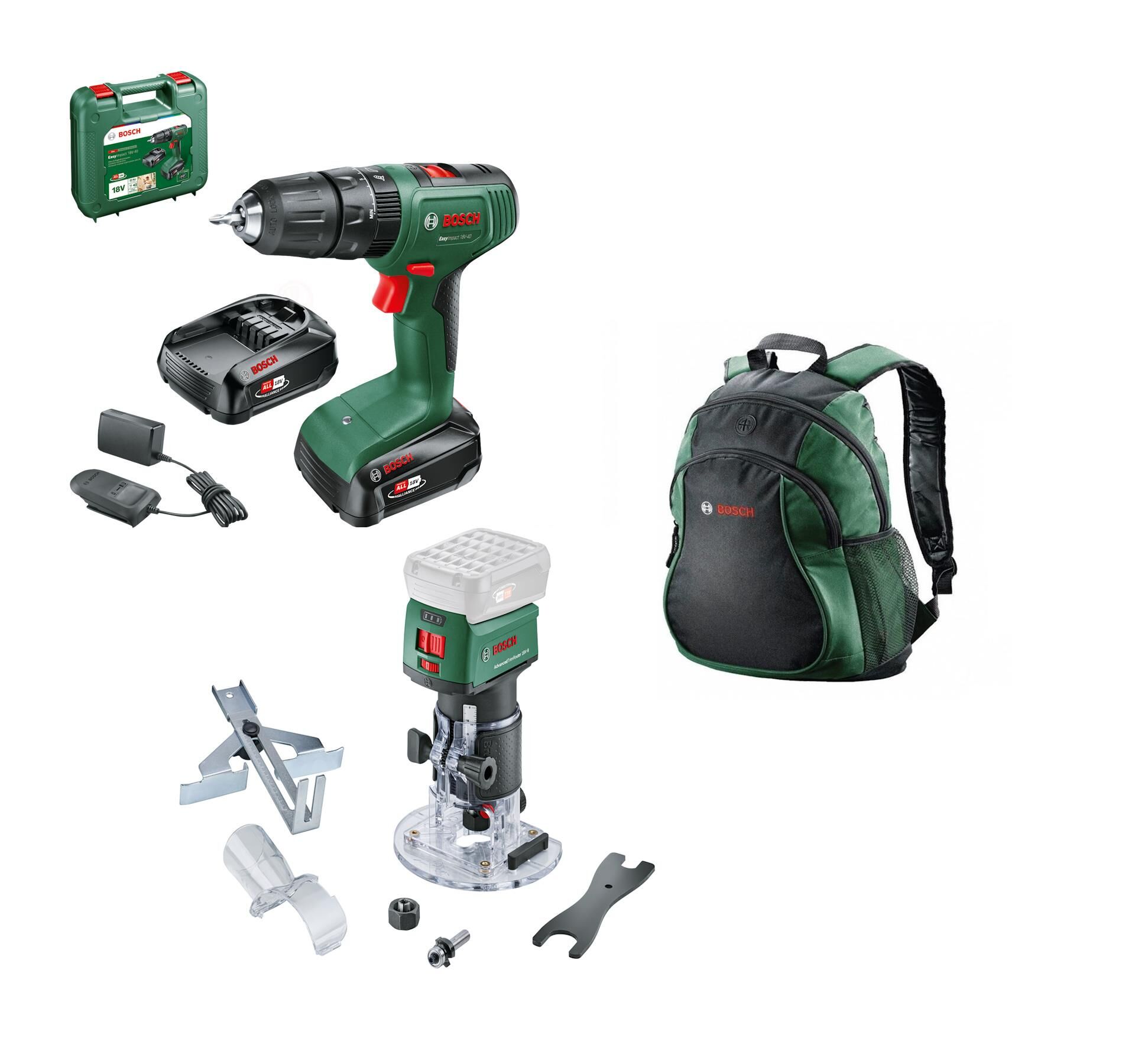Bosch EasyImpact 18V-40 + AdvancedTrimRouter 18V-8 Akülü İkili Set (18V - 2 x 2.0 Ah / Sırt Çantalı) - 06039D8108-SET