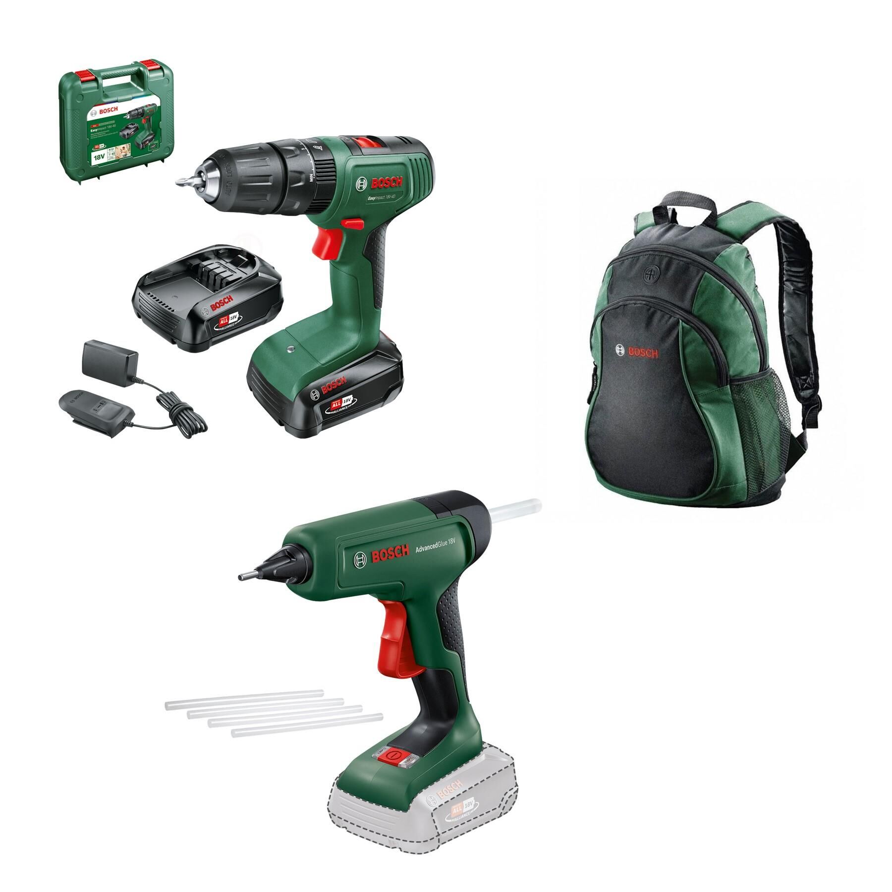 Bosch Easyimpact 18V-40 2x2.0 Ah + ADVANCEDGLUE 18V + Sırt Çantası