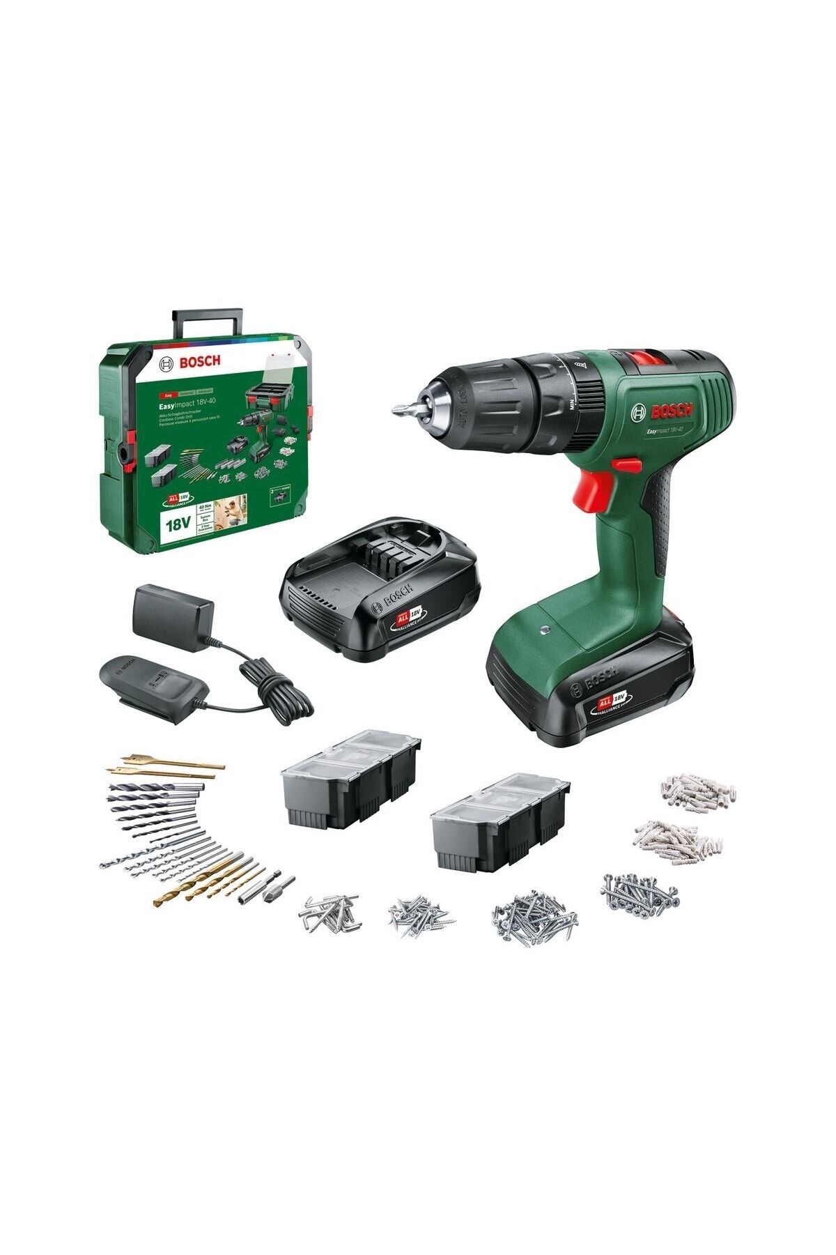 Bosch EasyImpact 18V-40 Akülü Darbeli Delme ve Vidalama Makinesi (18V - 2 x 1.5 Ah Akü - 241 Parça Aksesuar ve SystemBox Dahil) - 06039D810D