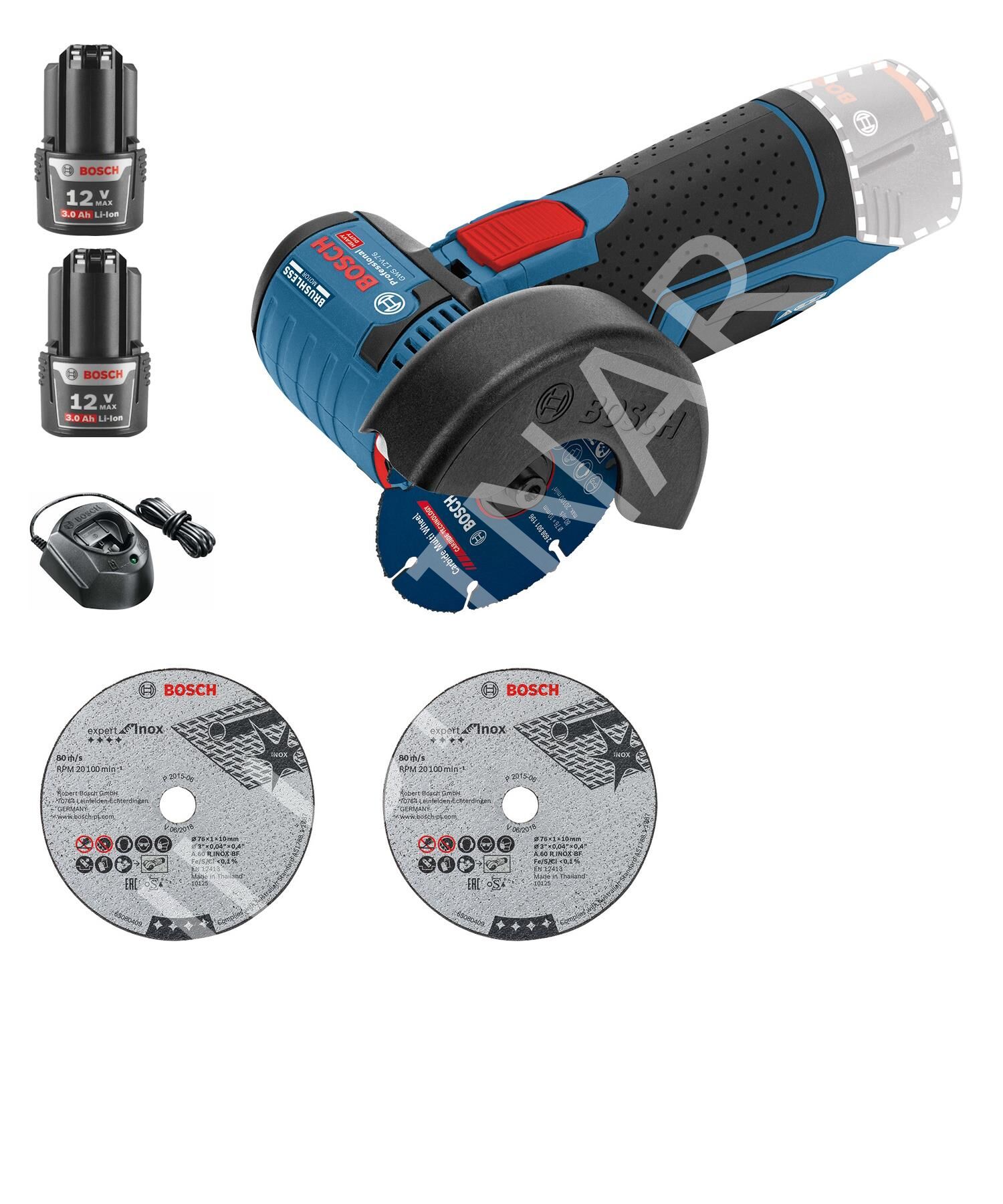 Bosch GWS 12V-76 Akülü Taşlama Seti (2x3.0 Ah - 76 mm) - 06019F2000-SET