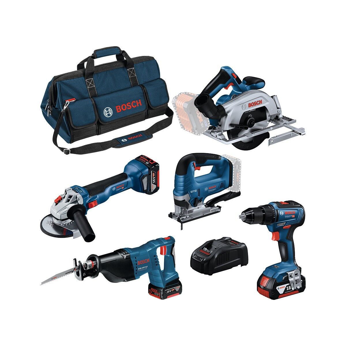 Bosch GSR 185-LI + GWS 180-LI + GKS 18V-57 + GSA 18V-LI + GST 185-LI Akülü Beşli Set (18V - 3 x 4.0 Ah) - 0615990N39