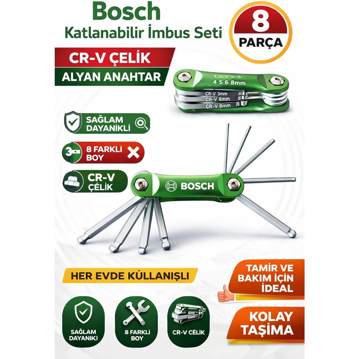 Bosch 8li Katlanır Alyan Anahtar Takımı