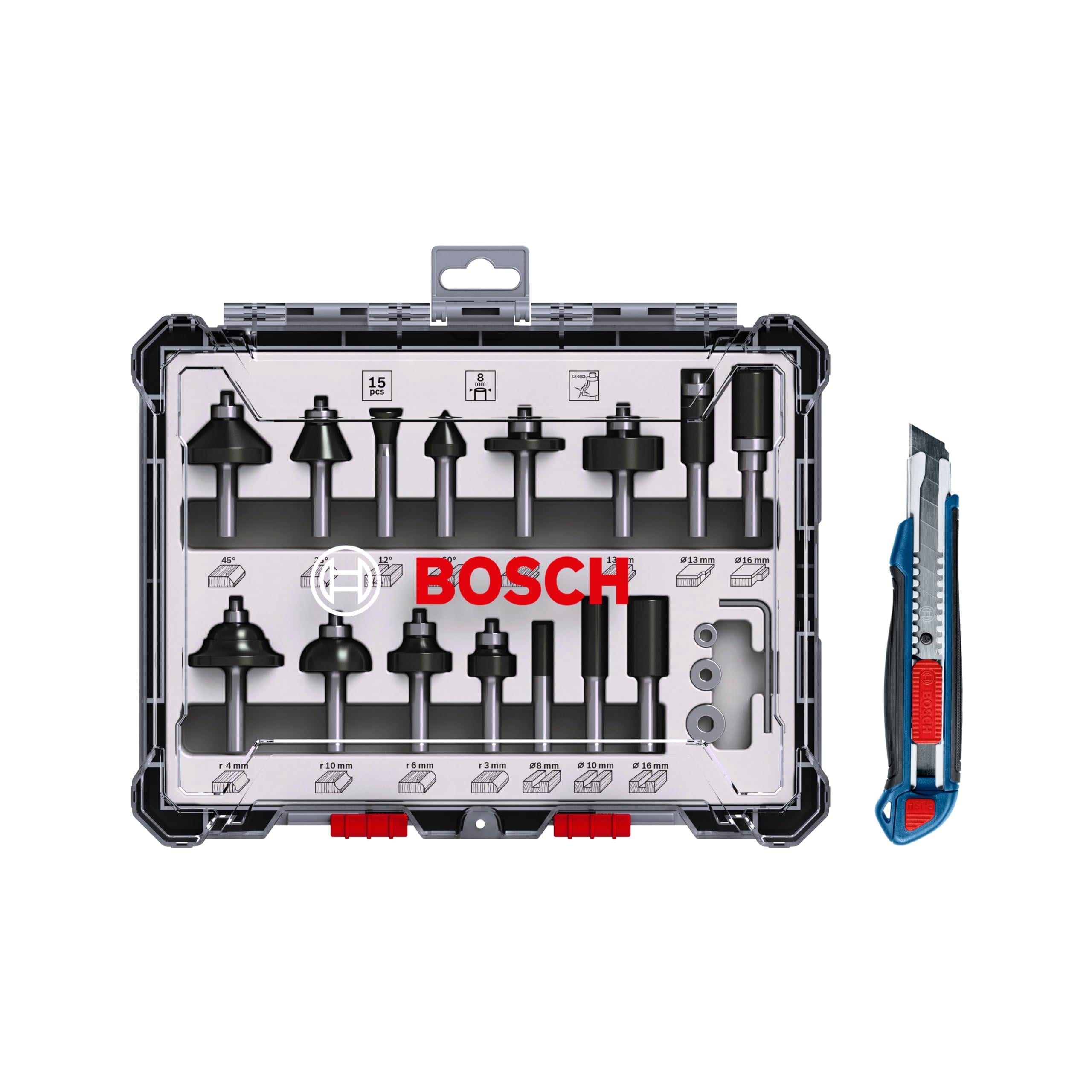Bosch Profesyonel Freze Ucu Seti DIN EN-847, 8 mm şaftlı, 15 parça - Bosch Maket Bıçağı 18 mm (bıçak dahil)